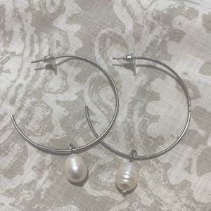 Something Navy Silver Pearl Drop Hoops